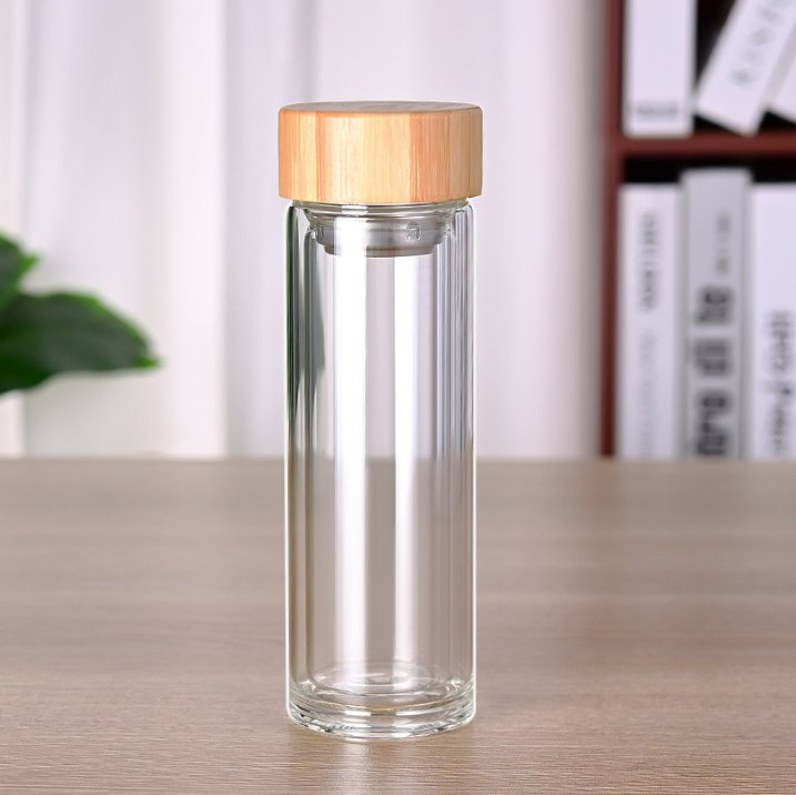 Clear Glass Water Bottle Double Wall High Borosilicate Glass Drinking Bottle with Bamboo Cap