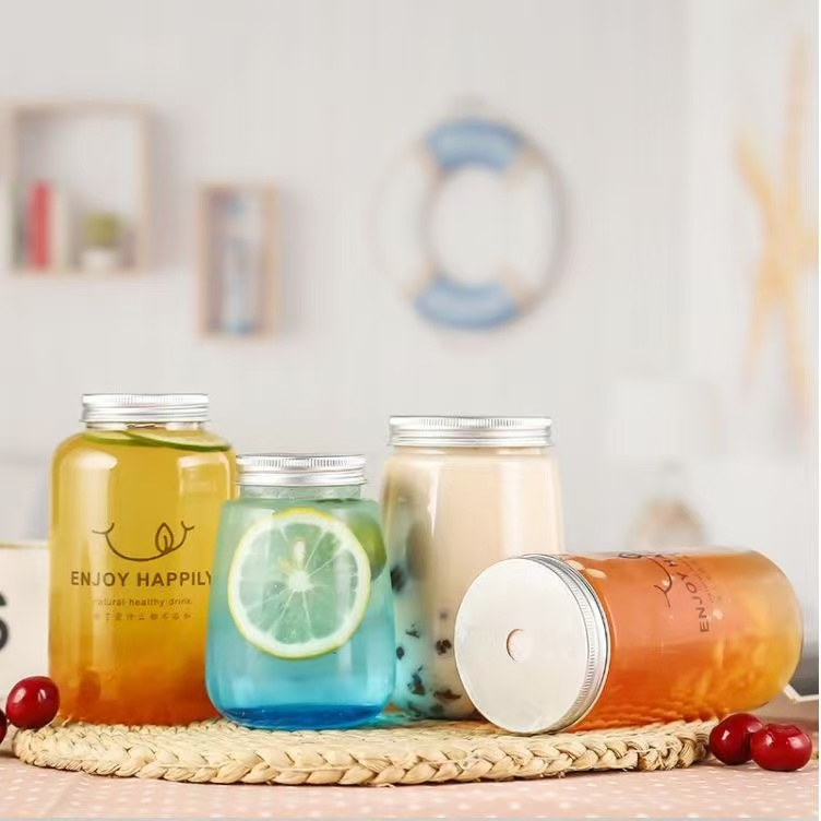 500ml, 750ml, 1000ml, 1100ml Can Round Juice Bottle with Aluminum Lid Bulk Water Bottle Iced Coffee Travel Mug Cup Reusable Plastic Cups for Parties Birthdays