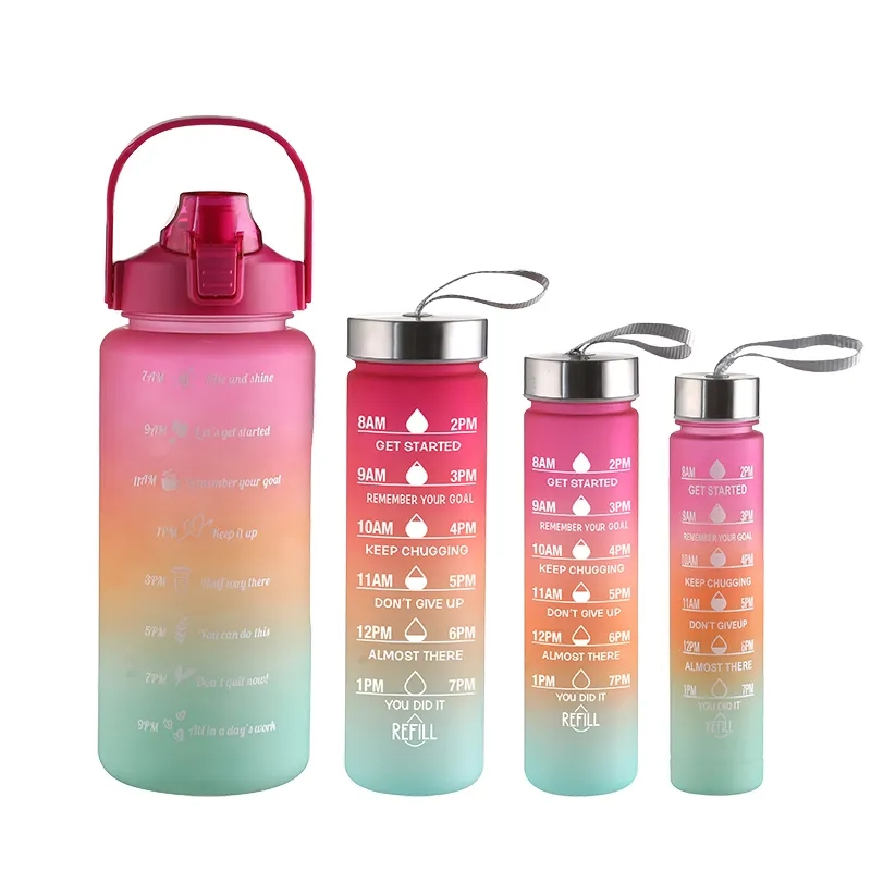 Motivational Water Bottle Colorful Time Mark Portable 4 in 1 Tritan Mug for Sports Travel BPA Free