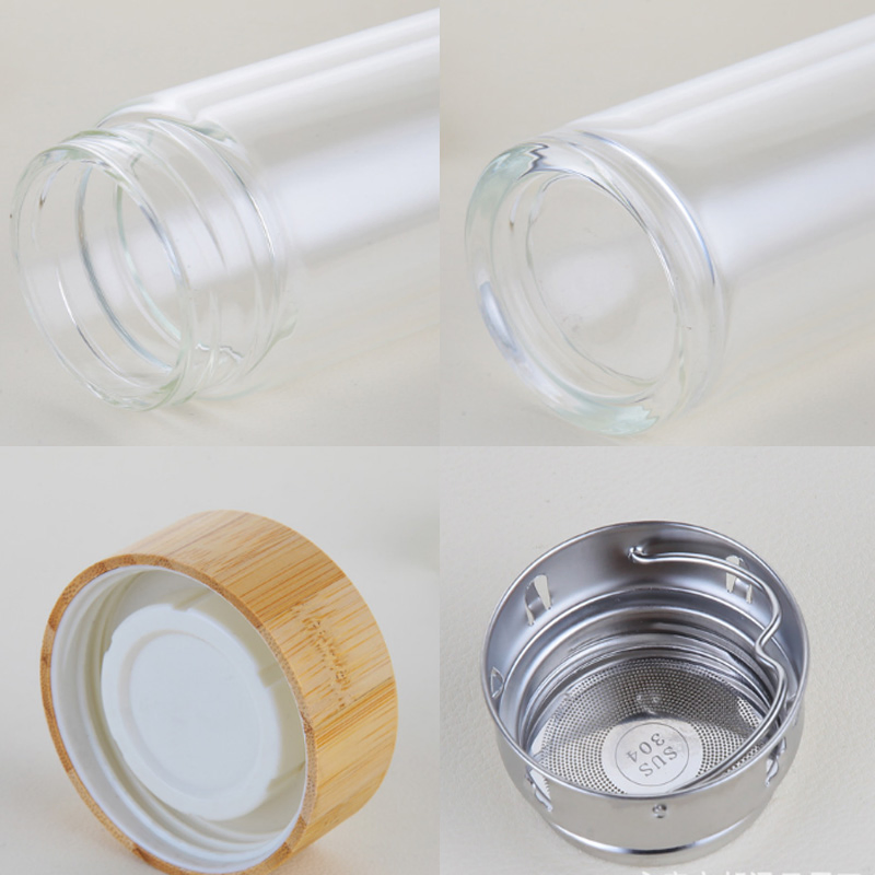 400ml 500ml 600ml Durable and Conveni Double Wall High Borosilicate Glass Tea Bottle with Infuser Strainer for Loose Tea Infusion Wood Lid Tea Water Bottle