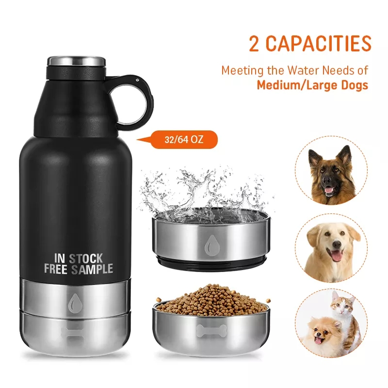 Factory Price Pet Supplier Custom Logo Insulated 32 Oz 64 Oz Travel Walking Portable 3 in 1 Stainless Steel Pet Dog Feeder Water Bottles