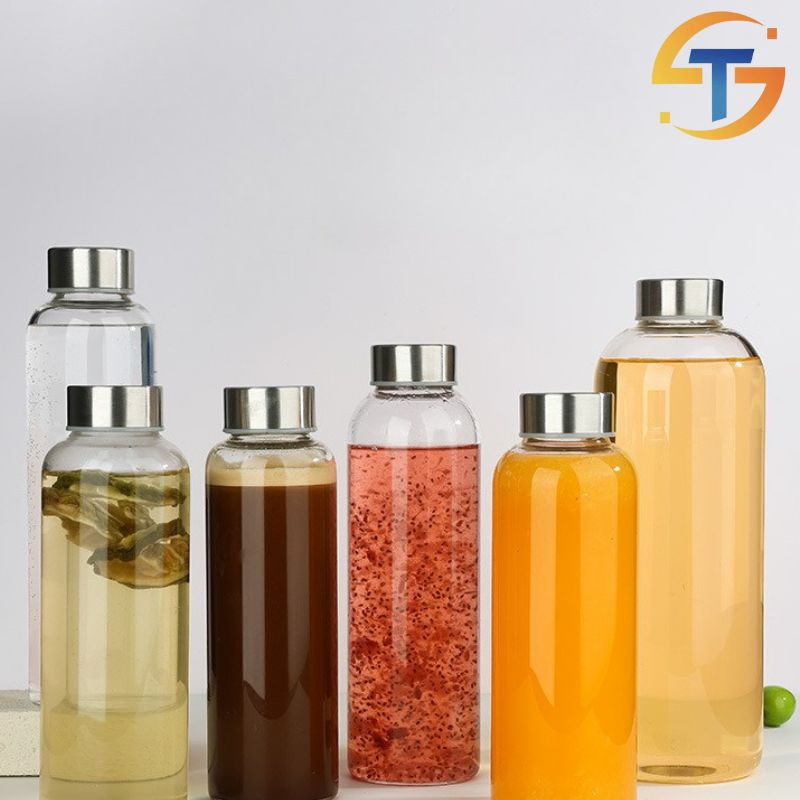 Glass Water Bottle with Bamboo/Stainless Steel Lid Juice Beverages Bottles