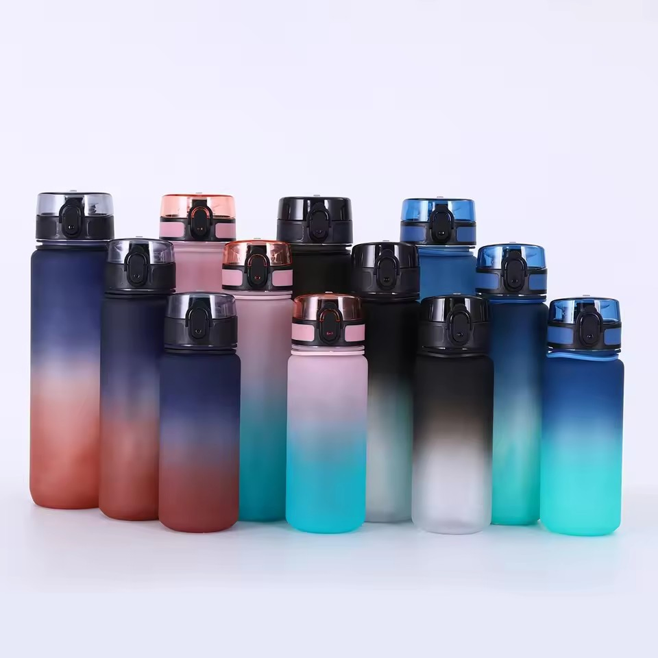 500/650/1000ml BPA Free Plastic Water Bottle with Motivational Words and Rope Gradient Paint Sport Water Bottle