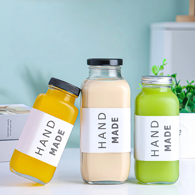 Custom Clear French Square 180ml 250ml 350ml 500ml Cold Pressed Coffee Milk Tea Drink Juice Glass Bottle 16oz Beverage Bottle with Lid
