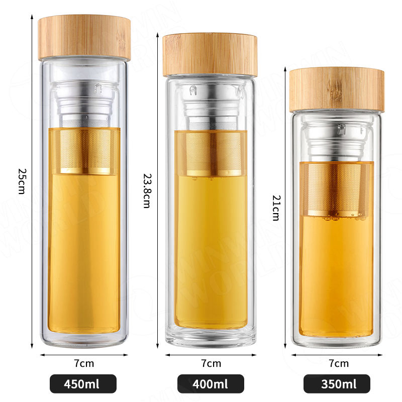 Wholesale Wide Mouth Custom Logo Double Wall Insulated Tea Glass Shaker Fruit Infuser Water Bottle with Bamboo Lid and Sleeve