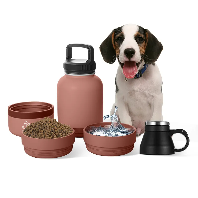 3 in 1 Portable Stainless Steel Pet Feeder Travel Dog Water Bottles with Food Container