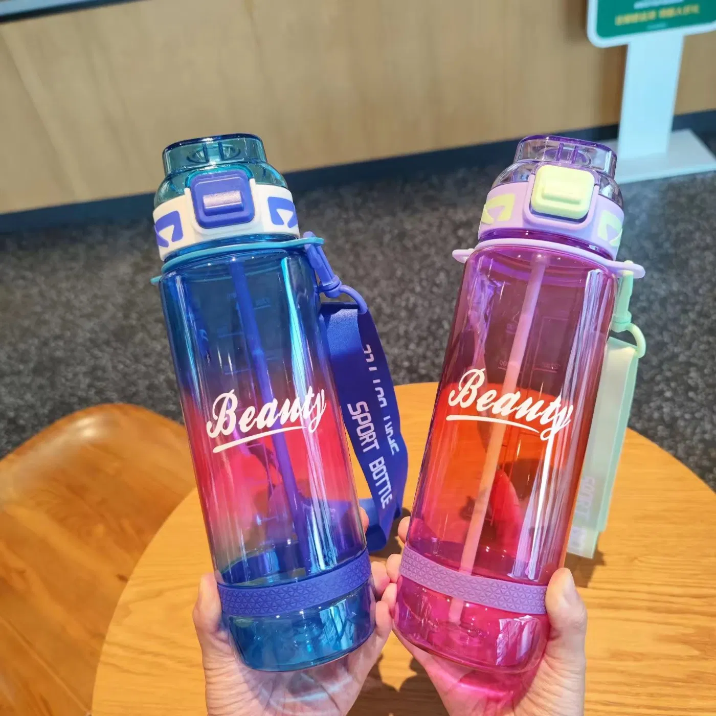 Seaygift Amazons Newest Sports Travel Portable Plastic Straw Tumbler Cups Mugs Clear Gradient Climbing Plastic Water Bottle