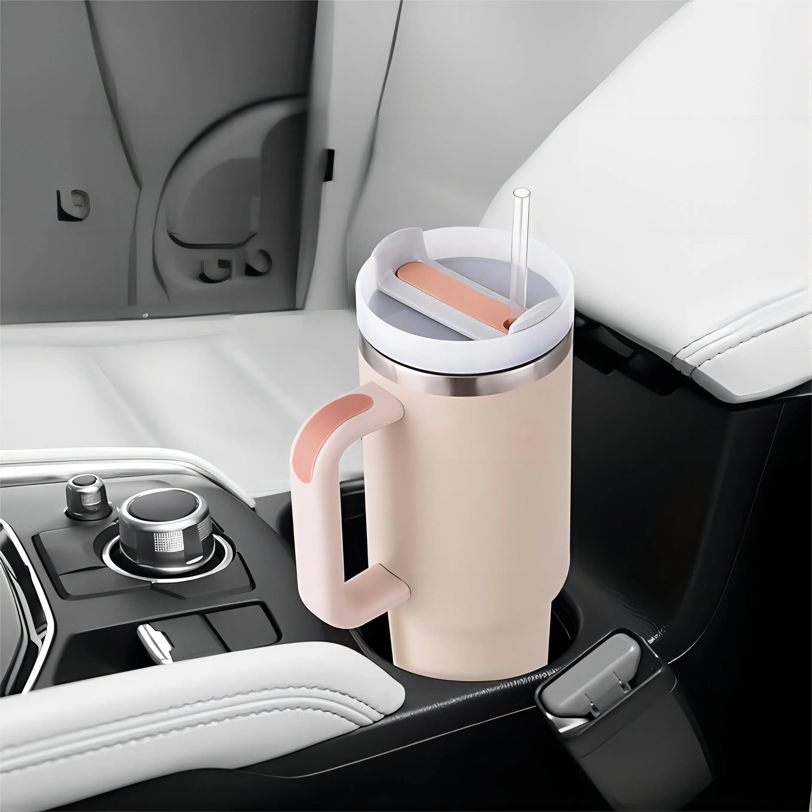 40oz Tumbler Heat Insulated Stainless Steel Cup Double Wall Vacuum Flask Thermo Vehicle Sports Coffee Tea Mug Water Bottle with Handle Lid Straw