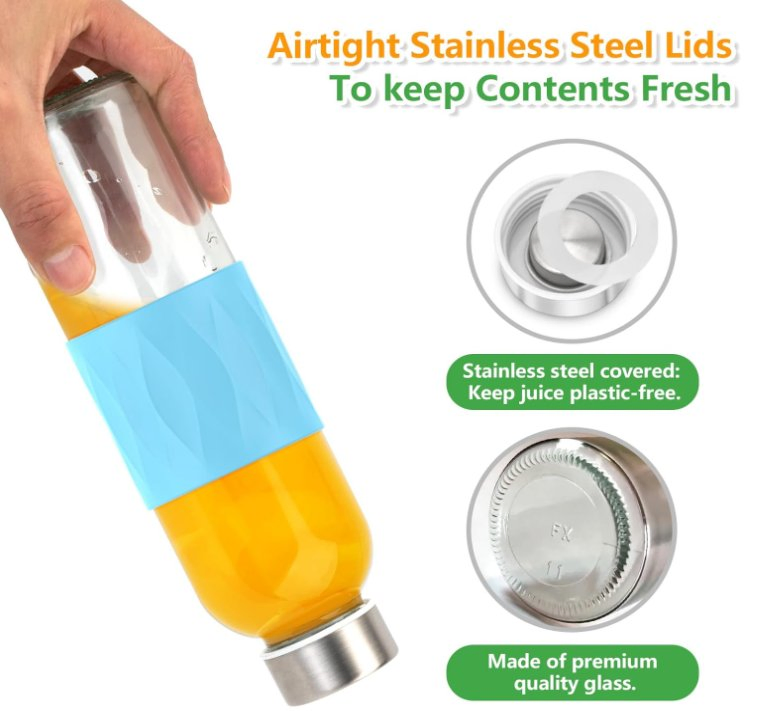 Glass Water Bottles with Lids 18 Oz, Reusable Clear Juice Bottles Stainless Steel Airtight Cap for Juicing, 100% Leak Proof Juice Drinking Jar with Sleeve