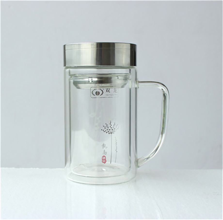 High Borosilicate Glass Tea Bottle Double Wall with Infuser Strainer Wood Lid Tea Water Bottle Custom Logo