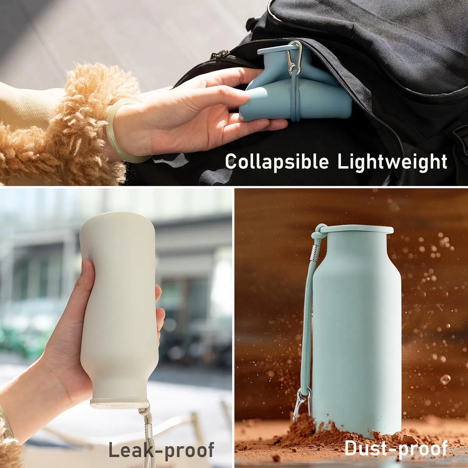 Collapsible Silicone Water Bottle, Foldable Leak-Proof Sports Travel Cup with Carabiner, BPA Free Reusable Portable Water Bottles for Outdoor Camping, Hiking, G