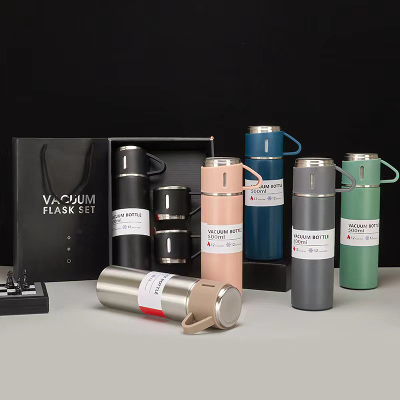 500ml Stainless Steel Insulated Thermos Bottle Sport Vacuum Flask Set Water Bottle Tea Mug Tumbler Gift Set Tea Bottle with 3 Lids