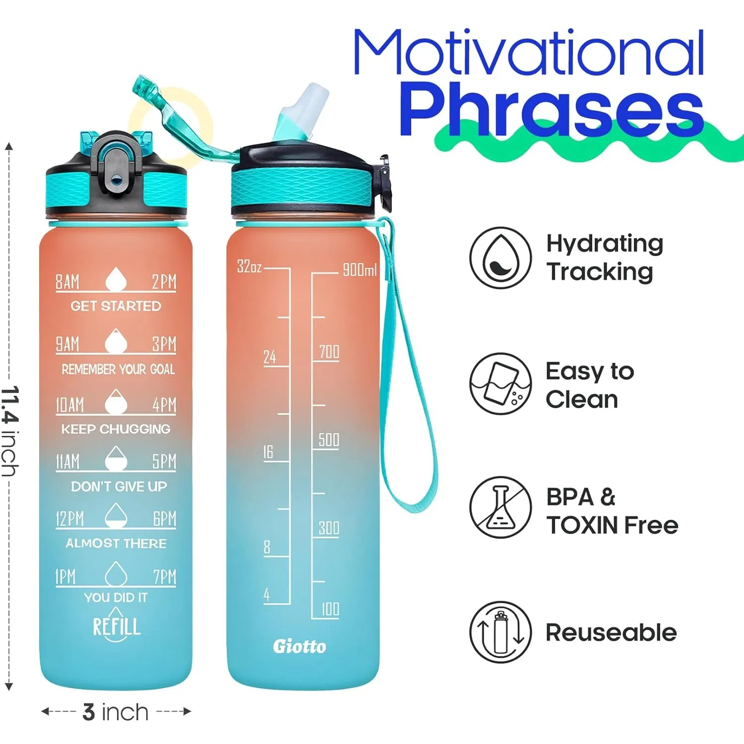 Motivational Bottles Time Marker Strap Leak-Proof Tritan PC BPA Free Gym Fitness Outdoor Sports Gradient Matte Water Bottle Custom Color Logo 1000ml