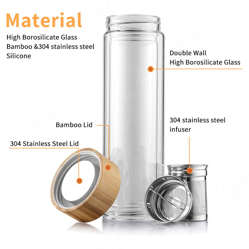 350 400 450ml Transparent Double Wall BPA Free Tea Tumbler Borosiliciate Glass Durable Tea Infuser Glass Water Bottle with Lid