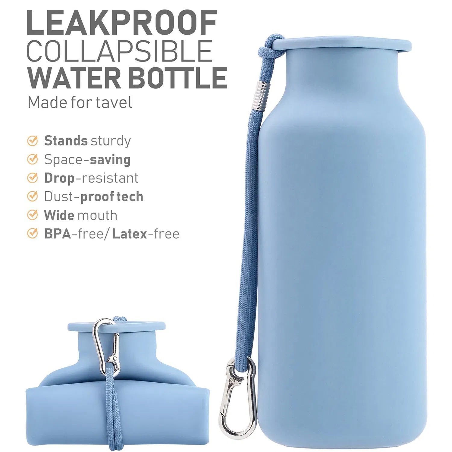 Collapsible Silicone Water Bottle, Foldable Leak-Proof Sports Travel Cup with Carabiner, BPA Free Reusable Portable Water Bottles for Outdoor Camping, Hiking, G