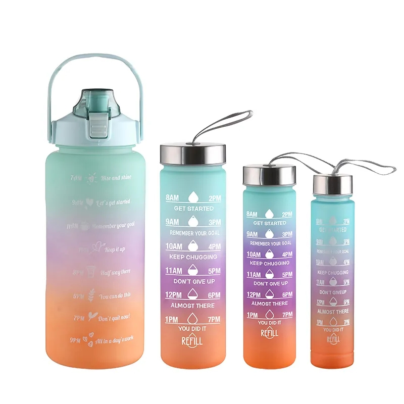 Motivational Water Bottle Colorful Time Mark Portable 4 in 1 Tritan Mug for Sports Travel BPA Free