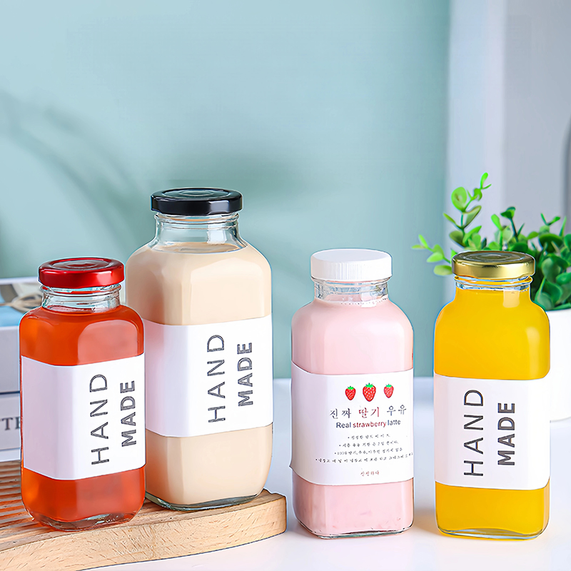 Custom Clear French Square 180ml 250ml 350ml 500ml Cold Pressed Coffee Milk Tea Drink Juice Glass Bottle 16oz Beverage Bottle with Lid