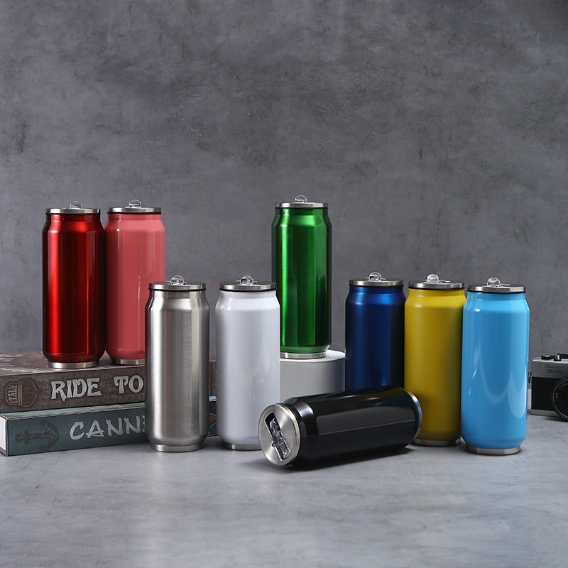 12oz/17oz Stainless Steel Double Wall Cola Can Bottle 350/500ml Thermal Vacuum Cans Water Cola Bottle with Flips Lid and Straw