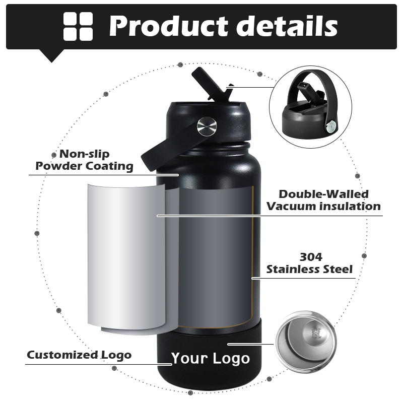 Custom Logo 18oz 32oz Double Wall Vacuum Flask Travel Gym Sports Stainless Steel Insulated Water Bottle with Straw Flip Lid