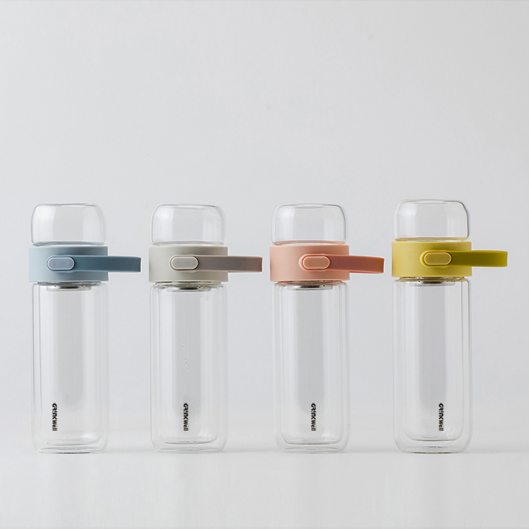 Grinkwell 12oz Double Wall Multi Color Glass Water Bottles with Two Compartments