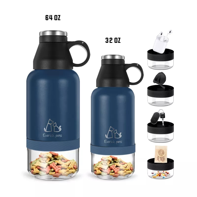 Factory Price Pet Supplier Custom Logo Insulated 32 Oz 64 Oz Travel Walking Portable 3 in 1 Stainless Steel Pet Dog Feeder Water Bottles