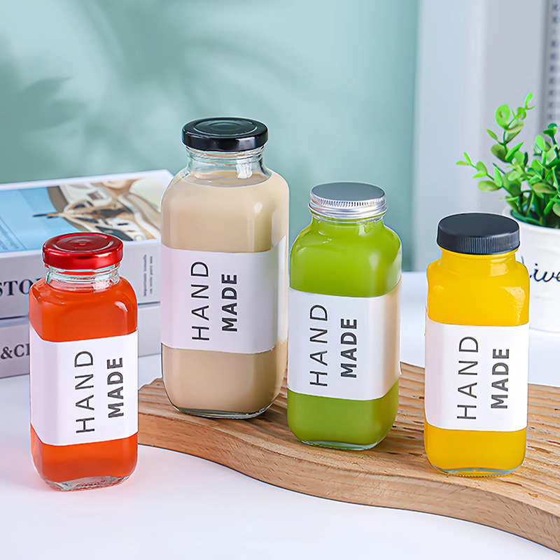 Custom Clear French Square 180ml 250ml 350ml 500ml Cold Pressed Coffee Milk Tea Drink Juice Glass Bottle 16oz Beverage Bottle with Lid