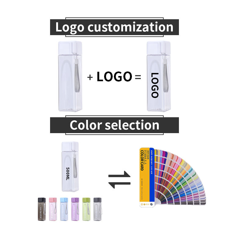 New Square 500ml Water Bottle Clear Plastic Portable Sport Gym Travel Drinking Bottle with Custom Logo