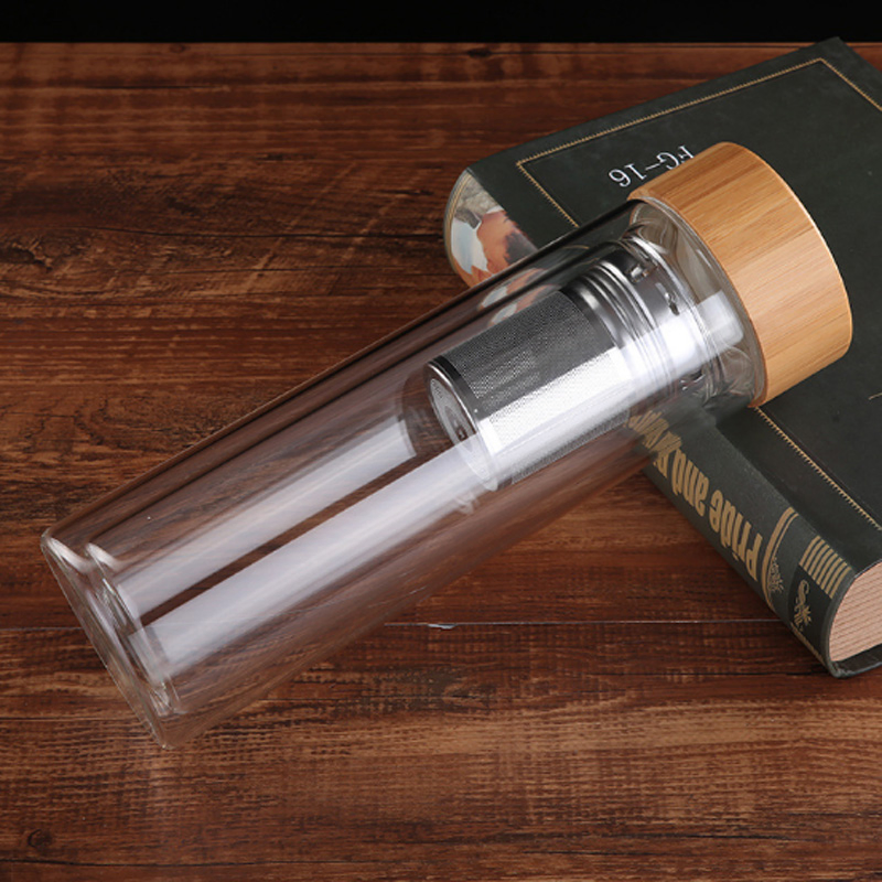 400ml 500ml 600ml Durable and Conveni Double Wall High Borosilicate Glass Tea Bottle with Infuser Strainer for Loose Tea Infusion Wood Lid Tea Water Bottle