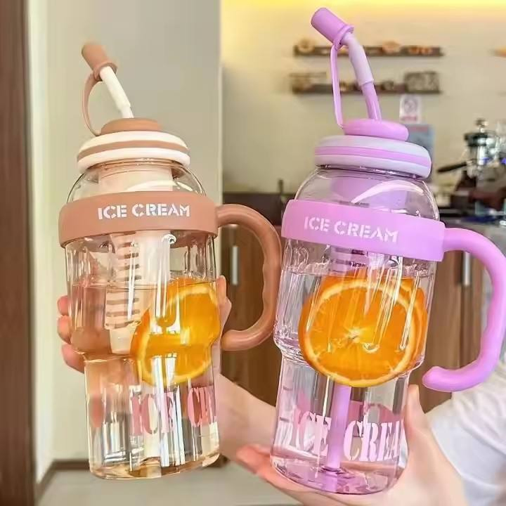 Hot Sale Ice Cream Plastic Bottles Milk Tea Water Vacuum Cup with Lid and Straw and Handle Wide Mouth Reusable Plastic Tumbler