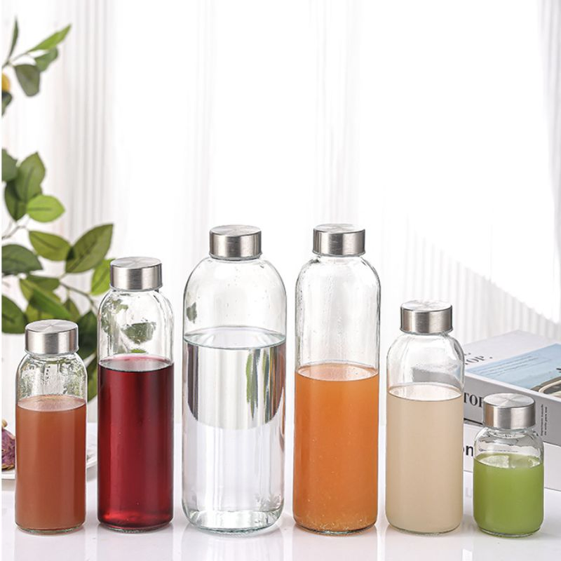 Glass Water Bottle with Bamboo/Stainless Steel Lid Juice Beverages Bottles