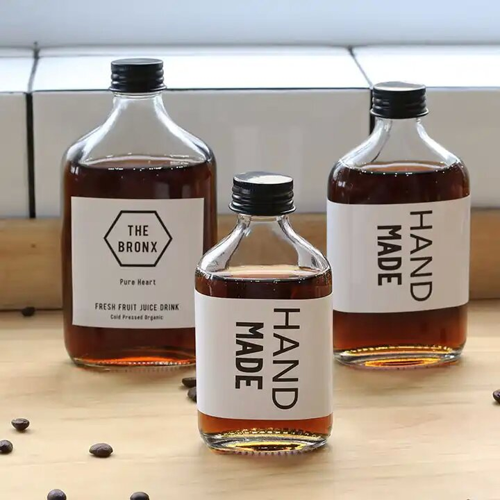 Hot Sale 50ml 100ml 200ml 250ml 350ml 500ml Empty Spirits Liquor Flat Flask Coffee Juice Beverage Cold Brew Glass Wine Bottle with Aluminum Lids