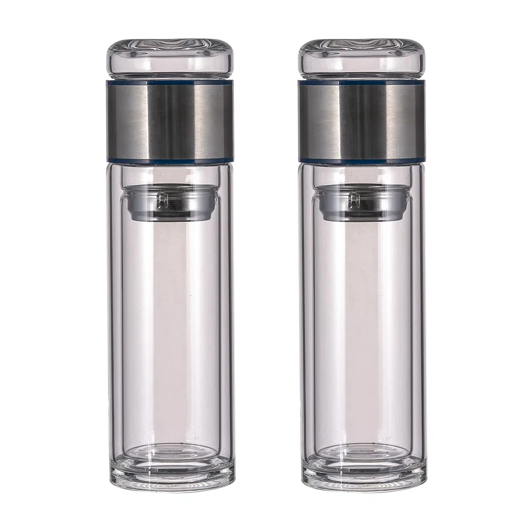 Wholesale Stainless Steel Lid Double Borosilicate Glass Wall Water Bottle with Filter