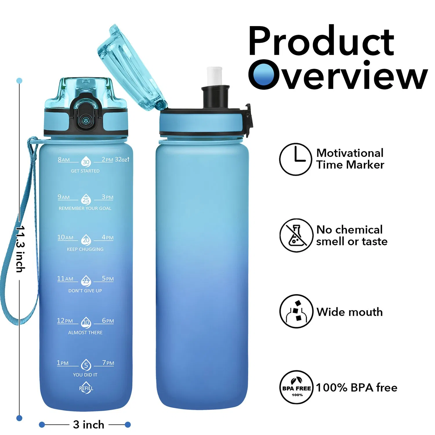 Custom Portable Plastic Handheld Cup Sports Water Bottle for Adults Camping Travel with Time Marker