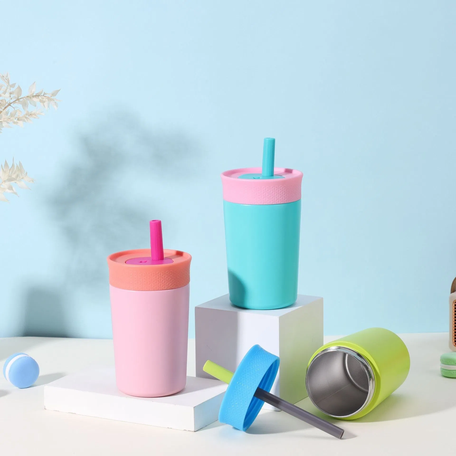 360ml Portable Kids Milk Bottle Stainless Steel Cup Insulated Mug Vacuum Thermo Flask Double Wall Water Bottle with Silicone Straw Lid 12oz