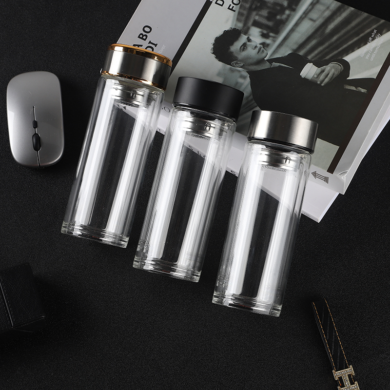 Wide Mouth Borosilicate Double Wall Glass Water Bottle with Tea Infuser