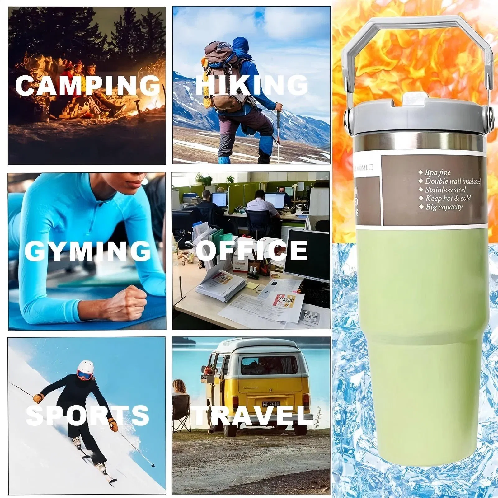 New Product High Quality Double Wall Vacuum Insulated Flip Top Tumbler 30oz 40oz Outdoor Mugs Stainless Steel Hot Water Bottle with Straw Lid