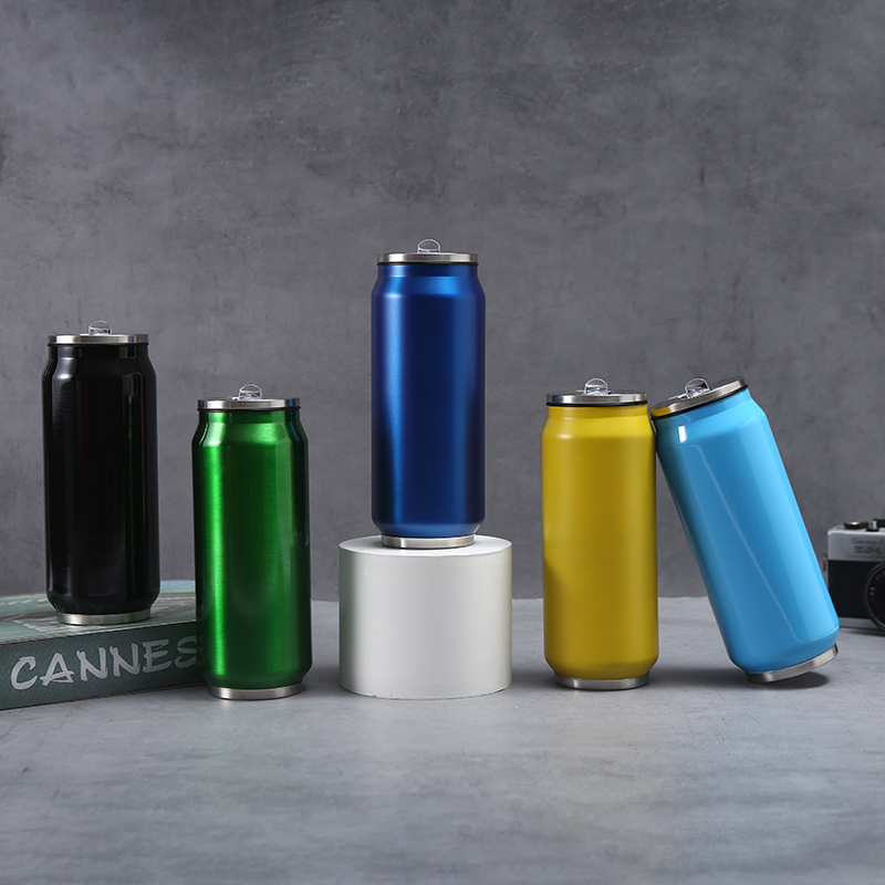 12oz/17oz Stainless Steel Double Wall Cola Can Bottle 350/500ml Thermal Vacuum Cans Water Cola Bottle with Flips Lid and Straw