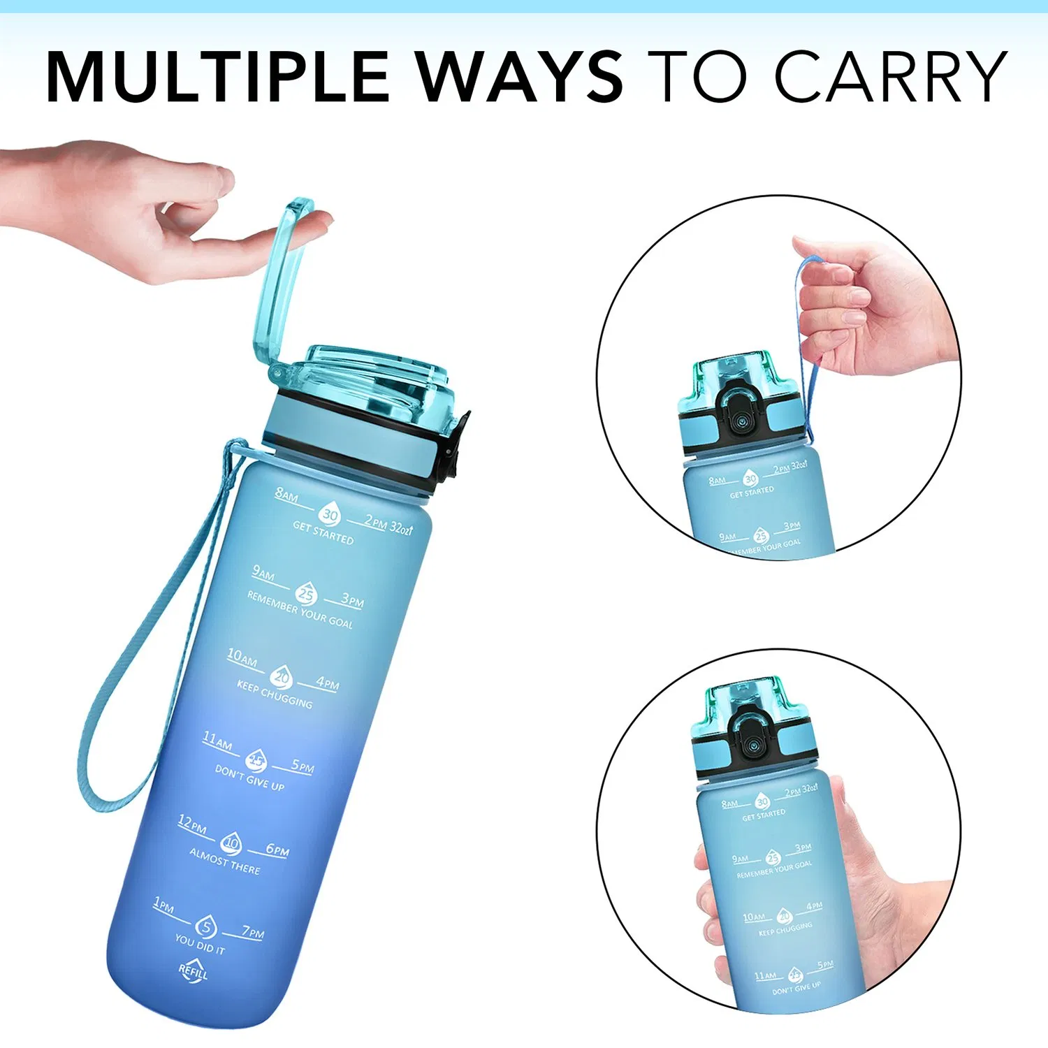 Custom Portable Plastic Handheld Cup Sports Water Bottle for Adults Camping Travel with Time Marker