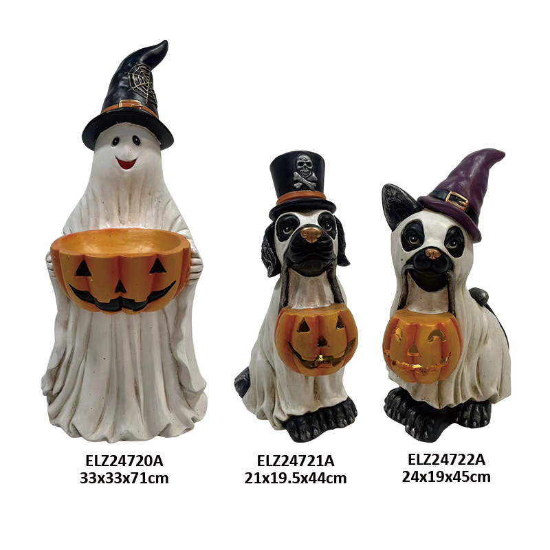 Wholesale Halloween Fiber Clay Collection Friendly Ghost Holding Jack-o'-lantern Bowl Cute Dog Carry Little Jack-o'-lantern Manufacturers, Factory