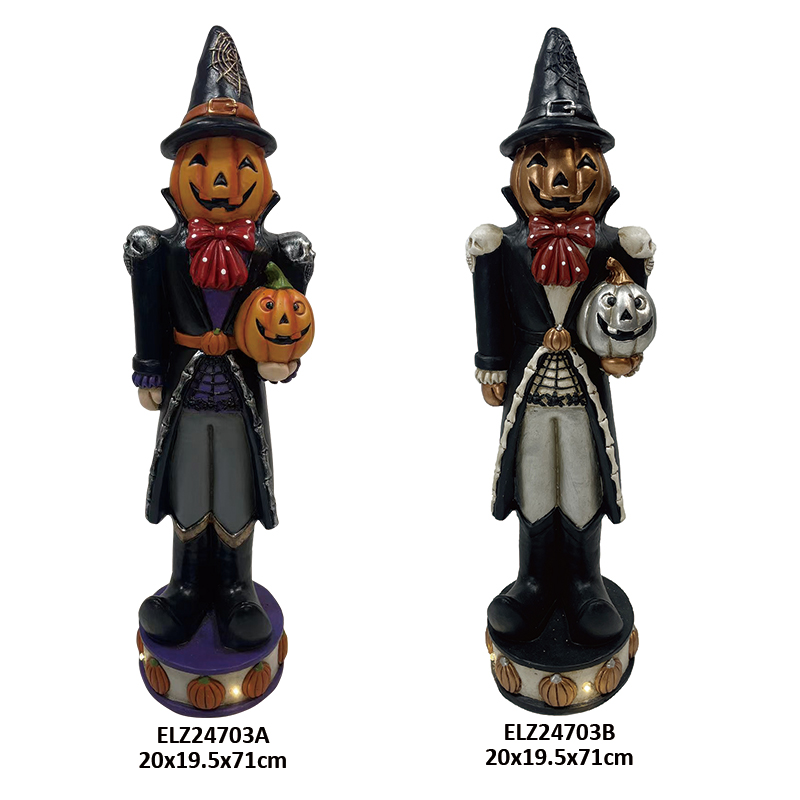 Wholesale Fiber Clay Halloween Gentleman Figures Collection Spooky Pumpkin Head Wearing Hat Holding Jack-o'-lantern Supplier, Service