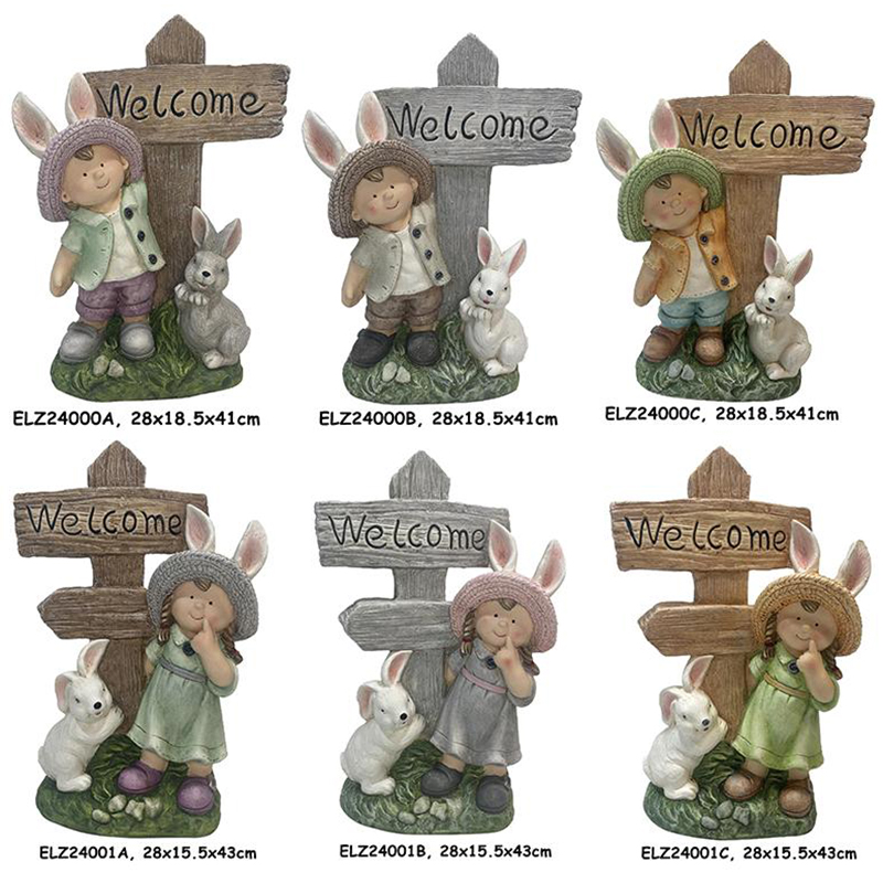 Wholesale Handmade Fiber Clay Cheerful Boy and Girl Holding Welcome Sign Home and Garden Decor Manufacturers, Suppliers