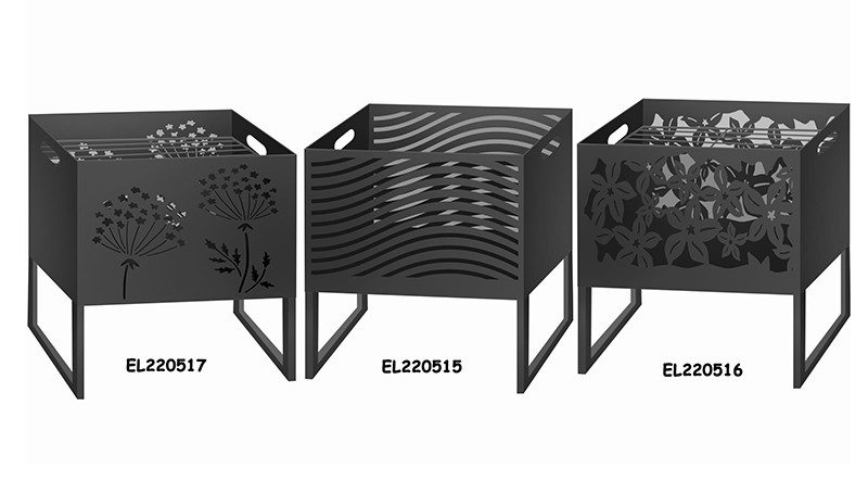 China High temperature Black Square Metal Fire Pit with Stand Bonfire Outdoor Heater for Wood Burning with Laser Cut Design Manufacturer, Service