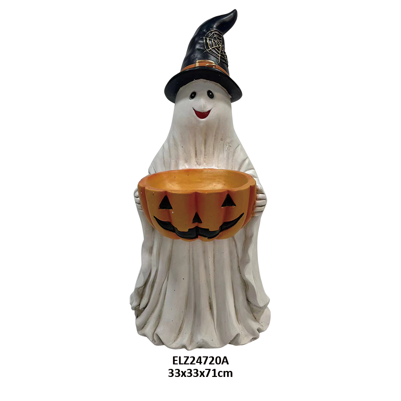 Wholesale Halloween Fiber Clay Collection Friendly Ghost Holding Jack-o'-lantern Bowl Cute Dog Carry Little Jack-o'-lantern Manufacturers, Factory