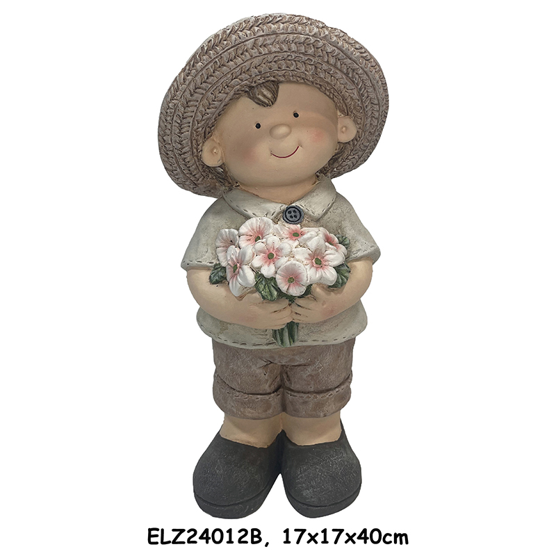 China Handcrafted Rustic Duo of Nature Blossom Boy and Girl Statue Fiber Clay Statues for Home And Garden Factory, Exporter