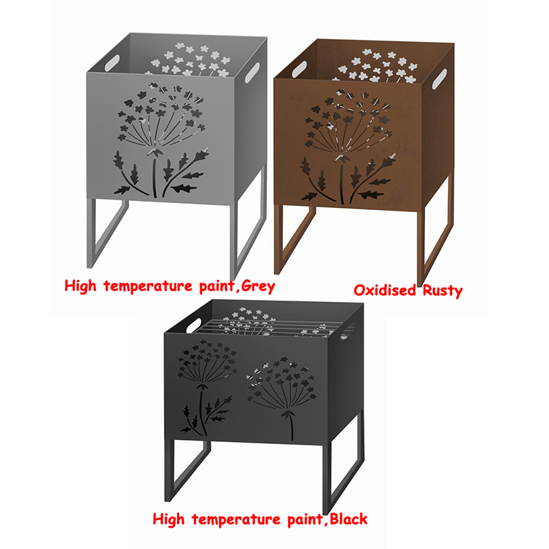 China High temperature Black Square Metal Fire Pit with Stand Bonfire Outdoor Heater for Wood Burning with Laser Cut Design Manufacturer, Service