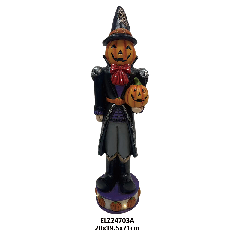 Wholesale Fiber Clay Halloween Gentleman Figures Collection Spooky Pumpkin Head Wearing Hat Holding Jack-o'-lantern Supplier, Service