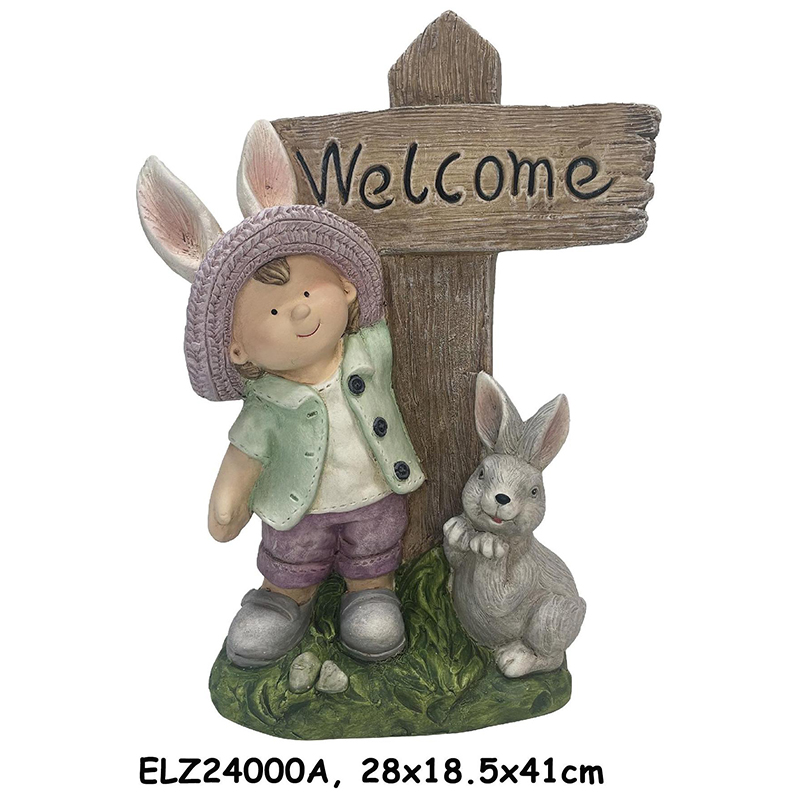 Wholesale Handmade Fiber Clay Cheerful Boy and Girl Holding Welcome Sign Home and Garden Decor Manufacturers, Suppliers