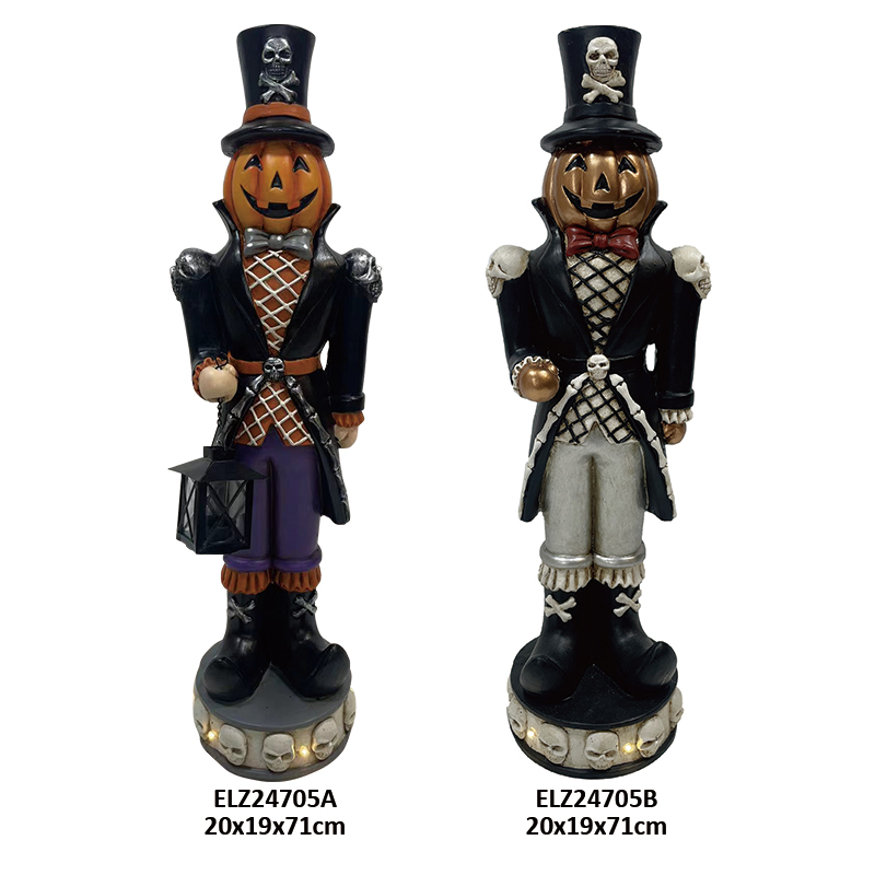 Wholesale Fiber Clay Halloween Gentleman Figures Collection Spooky Pumpkin Head Wearing Hat Holding Jack-o'-lantern Supplier, Service