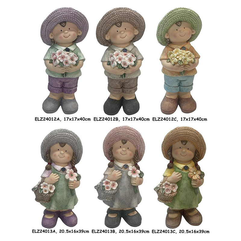 China Handcrafted Rustic Duo of Nature Blossom Boy and Girl Statue Fiber Clay Statues for Home And Garden Factory, Exporter