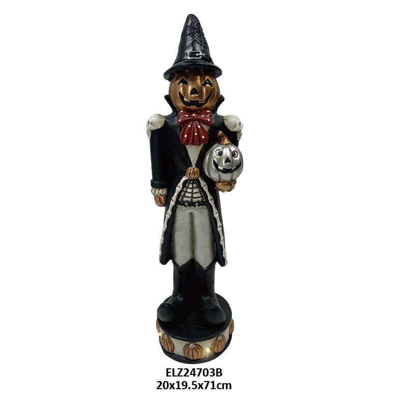 Wholesale Fiber Clay Halloween Gentleman Figures Collection Spooky Pumpkin Head Wearing Hat Holding Jack-o'-lantern Supplier, Service